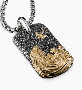 Colgante de plata de ley con oro amarillo de 18K y Diamante, colgante de etiqueta de ondas para joyería de moda para hombres - Product Image 4