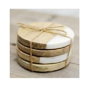 Ensemble de sous-verres à thé rond en marbre blanc et bois, fabricant de bois de haute qualité - Product Image 1