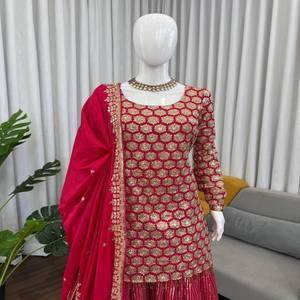 VASTRA COTTAGE Ensemble Sharara de luxe en faux georgette entièrement cousu avec haut, dupatta et travail de fils et de sequins, tenue ethnique traditionnelle pour les fêtes - Product Image 6