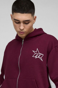 Nouveau design Bourgogne Oversize Boxy Fit Star Panelled Zip Up Through Hoodi pour hommes coton mélangé les plus vendus hommes Hoodies - Product Image 3