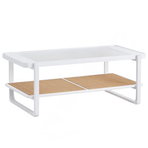 Mesa de centro rectangular minimalista moderna de madera maciza blanca con borde de ratán de imitación de mesa de vidrio de doble capa - Product Image 2