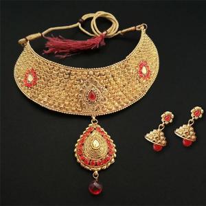 Kriaa FBD0004B piedra roja chapado en oro gargantilla collar conjunto joyería de moda para mujer - Product Image 1