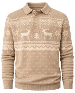 Pull en laine beige à motif nordique personnalisé par le fabricant, col boutonné, manches longues, pull classique chaud d'hiver pour homme - Product Image 1