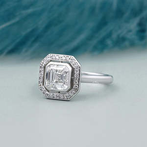Asscher Cut <b>Diamond</b> Halo Engagement <b>Ring</b> in White Gold with Bezel Set <b>Diamond</b> <b>Rings</b> Product Category - Product Image 3