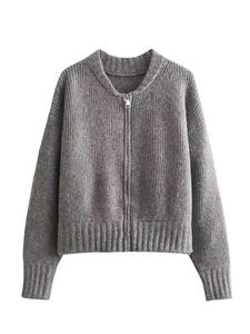 Chaqueta de Suéter con Cremallera de Manga Larga de Color Sólido Vintage para Mujer, Abrigo Informal de Primavera con Cuello Redondo y Decoración de Botones para Invierno - Product Image 3