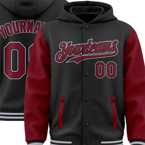 OEM Fabrication sur mesure Noir Crimson-Gray Bomber Full-Snap Varsity Letterman Two Tone Hoodie Jacket Sweatshirts Sublimé - Product Image 5