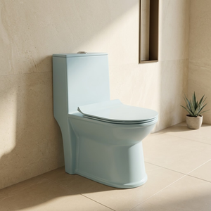 WC monobloc bleu clair finition mate, chasse d'eau par le haut, en céramique, à poser au sol - Product Image 3