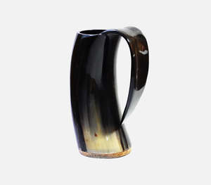 Handcrafted Natural Polished Ox Horn Drinking Vessel <b>Tankard</b> With Brown Leather Lace Up Strap Medieval Viking Style Barware - Product Image 4