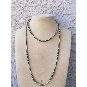 Navajo Style Graduated Pearl Necklace Lapis & Sterling Silver Strung - Product Image 1