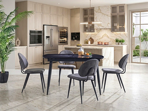 Modern Luxury Dining Room Set Extendable Black Marble Pattern <b>Table</b> with 4 Grey Velvet Upholstered Chairs Black Metal <b>Legs</b> Set - Product Image 1