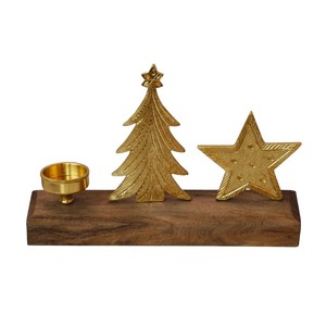 Portavelas de Aluminio Dorado de Alta Calidad con Forma de Árbol de Navidad y Estrella, con Base de Madera Marrón, Decoración Ecológica para el Hogar, Regalo - Product Image 1