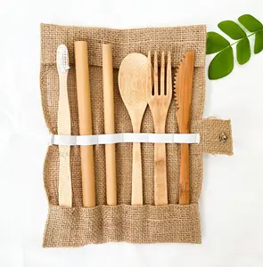 Artículos de cocina 100% bambú natural incluye cuchillo, cuchara, tenedor de bambú juego de cubiertos de bambú inoxidable ecológico