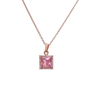 Collier pendentif carré en saphir rose plaqué or rose, cadeau tendance pour femme avec placage rhodium, chaîne en forme de papillon - Product Image 4