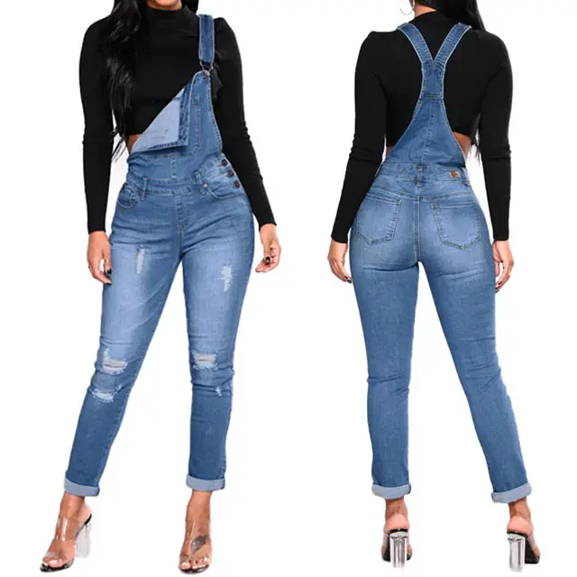 Maßge schneiderte hellblaue Damen-Jeans-Latzhose in bester Qualität, maßge schneiderte Jeans-Overall-Overalls für Damen