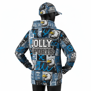 เสื้อฮู้ดดี้ผ้าโพลีเอสเตอร์ผสมคอตตอน พิมพ์ลายกราฟิกสีน้ำเงิน ดำ ขาว ทั่วตัว  ออกแบบโลโก้ตามสั่งด้วยเทคนิคซับลิเมชั่น เสื้อฮู้ดดี้พื้นฐานสำหรับผู้หญิง - Product Image 5