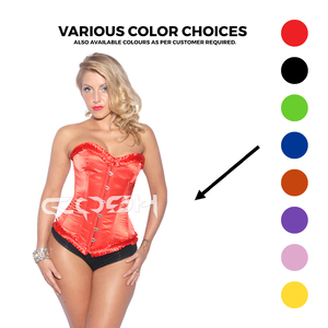 Corset rouge en satin sur le buste, à armatures en acier, style Valentine, avec garniture à volants, dos ajustable à lacets - Product Image 6