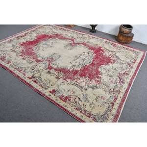 Tapis à tissage plat en laine beige rouge vintage de 7x9 pieds Tapis patchwork turc pour décorations de salon avec support en latex - Product Image 4