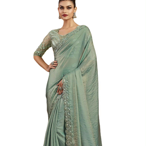 El último Sari de trabajo con borde de seda satinada suave de diseñador de Fab Zone - Product Image 1