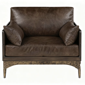 Canapé une place moderne vintage écologique durable avec pieds en acier finition antique, revêtement en cuir, mousse et structure en bois massif de style industriel - Product Image 1