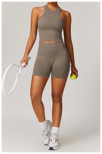 Pantalones cortos de motorista de gimnasio de cintura alta personalizados, recién llegados, ropa deportiva de verano para mujer, conjunto de ropa de Yoga sin costuras, conjunto de entrenamiento - Product Image 2