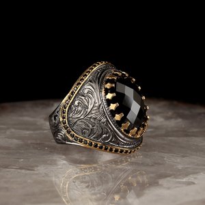 Vente en gros d'anneaux pour hommes en argent sterling 925 de style ottoman, bicolore rhodium et or, modèle RCEGYT-193, fabriqué en Turquie - Product Image 1
