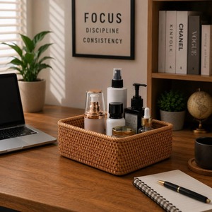 Ensemble de 2 paniers de rangement de bureau en rotin tressé à la main, paniers de rangement faits à la main en rotin naturel, modernes et multifonctionnels, fabriqués au Vietnam - Product Image 4