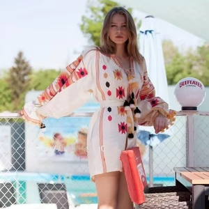 High Quality Fashion Long Dress with <b>Balloon</b> Sleeve Geometric V-Neck Digital Printed Free Size Logo on Back Cloth Material - Product Image 1