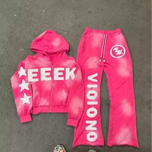 Custom Distressed Patchwork Men's Sweatsuit <b>Zip</b> <b>up</b> <b>Hoodie</b> Flared Pants Tracksuit men Acid Washed Sweatpants and <b>Hoodie</b> Set - Product Image 5