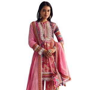 Kurta Palazzo ชุดผ้าไหมลายดอกไม้สีชมพูพร้อมกระเป๋า potli ขายส่งเสื้อผ้าพื้นเมืองสำหรับผู้หญิง - Product Image 4
