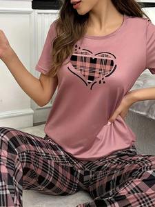 Ensemble de pyjama décontracté imprimé à manches courtes et à carreaux pour femmes, tenue de détente en tissu, tenue toutes saisons, 1 lot - Product Image 5