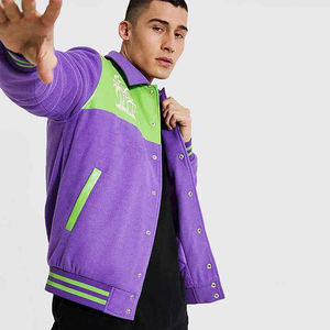 Chaqueta Universitaria Morada y Verde para Hombre, Diseño de Palmera Bordada en la Espalda, Cierre de Botones a Presión, Estilo Casual - Product Image 1