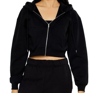 Sweat à capuche court décontracté pour femmes avec logo personnalisé en gros 100% coton tricoté avec fermeture éclair noir uni anti-rétrécissement - Product Image 4