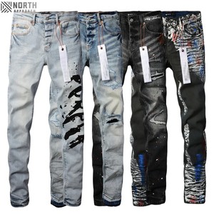 กางเกงยีนส์สีม่วงของผู้ชายทรงพอดีตัวแนวสตรีทวินเทจ - Product Image 4