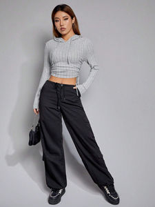 Fashion Casual Women Wool <b>Crop</b> Top Hoodie Drawstring and Rivet <b>Long</b> <b>Sleeve</b> Sweatshirt Full Zipper With Pocket - Product Image 5