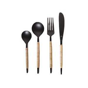 Juego de cubiertos de acero inoxidable con mango de bambú, conjunto de cubertería negra de lujo, a granel, embalaje de regalo, 4 Uds. - Product Image 1