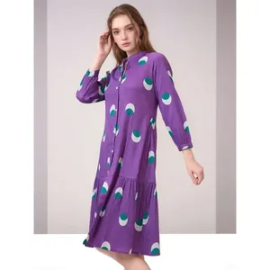 Vestido Orica Vintage Morado y Azul Estampado, Largo hasta la Rodilla, Cintura Imperio, Material Spandex, Talla XL, Encaje Translúcido, Nuevo - Product Image 1