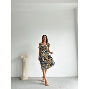 Vestido Largo Elegante de Satén Azul con Estampado de Leopardo para Mujer, Marca TOPSHOW, 100% Poliéster, Manga Larga, Informal, para Fiesta - Product Image 3