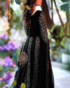 Nueva colección Heavy Georgette Anarkali conjunto de vestido de longitud completa secuencia bordado trabajo cosido Color negro tradicional para - Product Image 4