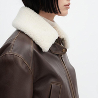 Veste bomber pour femme en peau de mouton marron, toile PU respirante, coton tricoté, chaude pour l'hiver, fermeture éclair, longueur normale, style streetwear