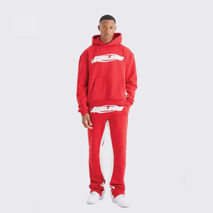 Ensemble de survêtement unisexe en coton 100% imprimé sur mesure, pantalon de survêtement évasé et sweat à capuche zippé, avec ourlet évasé, en rouge - Product Image 1