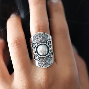 Sterling Silver Flower Pattern Oxidized <b>Statement</b> <b>Ring</b> Adjustable Size Tribal Handmade Artisan Jewelry for Women Boho Ethnic - Product Image 1