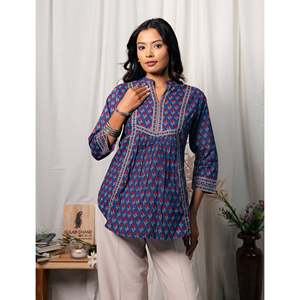 Blusa de Algodón Azul para Mujer, Estampada a Mano, con Cuello Asimétrico y Bordado Floral, Tallas XS a XL, para Oficina - Product Image 3
