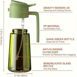 Dispensador de Aceite de Oliva de Vidrio Reutilizable 2 en 1 para Cocina, 16 oz, con Tapa Abatible Automática, Bloqueador de Luz, Color Verde Oliva, Rociador para Cocinar - Product Image 2