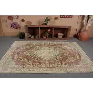 Alfombra turca vintage de 5,2x8,2 pies, hecha a mano, marrón, azul, diseño de retazos, lana, poliéster, Material látex, Tabriz, pasillo Rectangular - Product Image 4