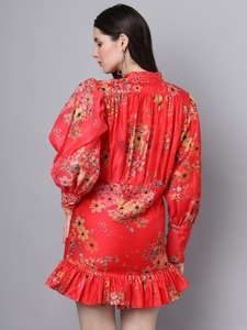 เดรสเชิ้ตพิมพ์ลายดอกไม้สีแดงปลายบานแบบตะวันตกลำลองของผู้หญิงเดรสมินิเข้ารูปแขนพองยาวเซ็กซี่ - Product Image 3