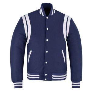 Chaqueta Varsity Azul de Lana para Hombre con Rayas en los Hombros, Cuello y Puños Acanalados, Estilo Bomber Casual, Ajuste Delgado, Cómoda y Cálida - Product Image 1