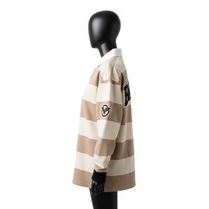 Camiseta de Rugby de Algodón Estilo Vintage para Mujer, Color Beige Crema, Cuello a Rayas, Logotipo Bordado con Parche, Camiseta de Rugby Personalizada para Mujer - Product Image 3