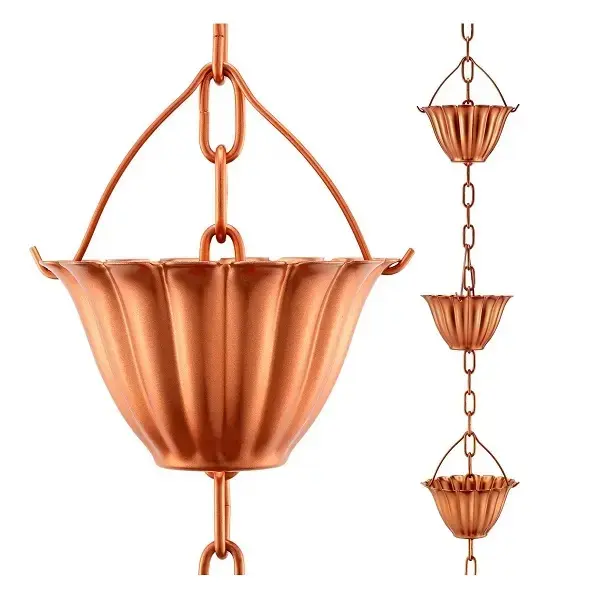 Venta directa de fábrica Lluvia de metal de estilo elegante en cobre para decoración o adorno de jardín con cadena Rahin de comida de calidad duradera