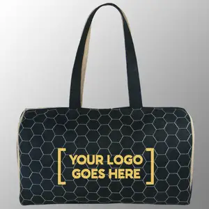 juco手提包，带花式绗缝设计，黑色黄麻棉女士生活方式手提袋，带一种颜色的艺术品免费印花