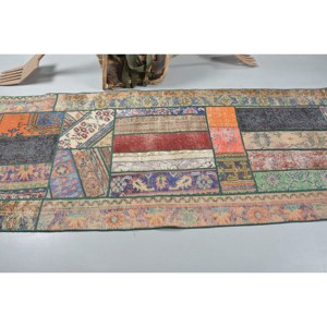 พรมตุรกีโบราณสีเบจโบฮีเมียนขนาดใหญ่3.3x8.9ฟุตผ้าขนสัตว์ด้านหลังลวดลายแอบสแตรกต์พรมปูพื้นในห้องดีไซน์โถงทางเดินทรงสี่เหลี่ยมผืนผ้า - Product Image 3